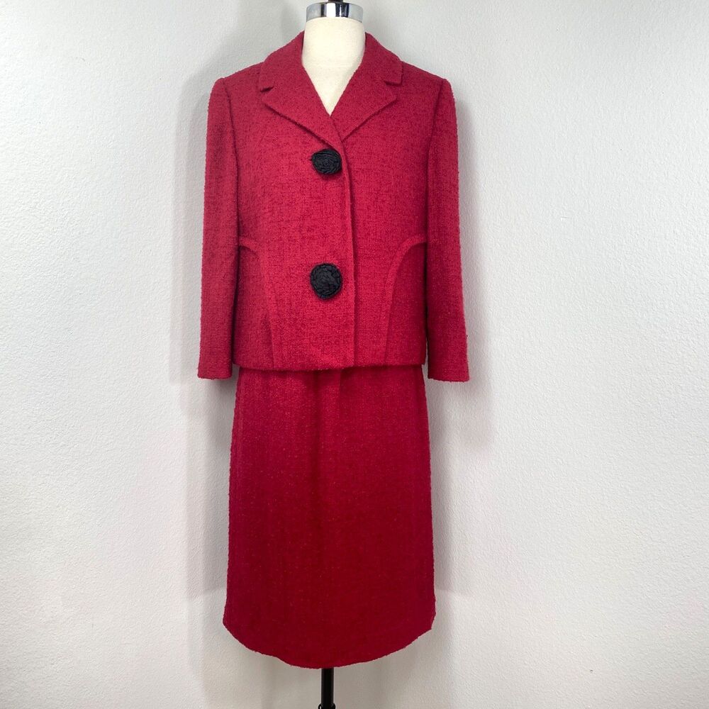 Vintage 60s I Magnin Red 2-Piece Wool Boucle Suit Skirt Blazer Med DeadStock